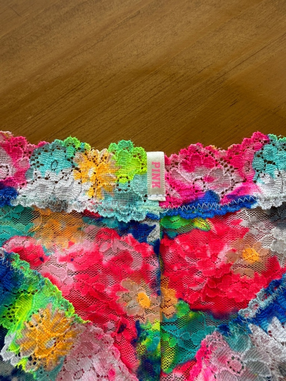 NWT PINK Victoria's Secret Neon Tie-Dye Floral Lace Extra Low Rise Thong Tanga L - Picture 3 of 6